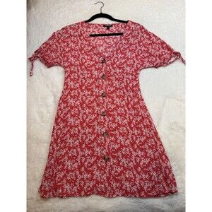 Express Women's Red Floral Button Front Tie Sleeve V-Neck Sundress 100% Rayon S